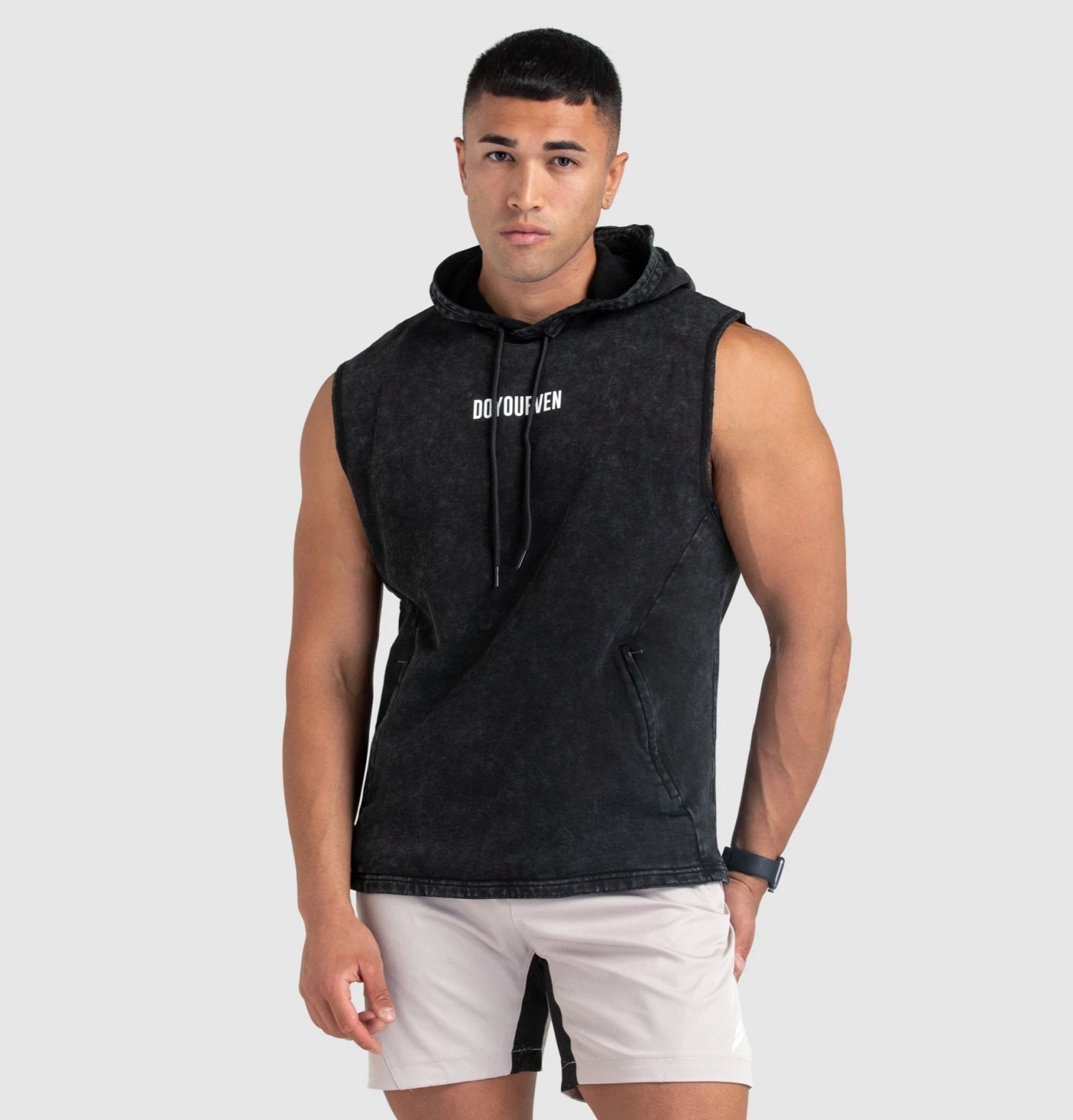 Aivory Origin Acid Wash Sleeveless Hoodie - Black Mens